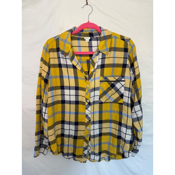 aerie Tops - Aerie Womens Yellow Navy Blue Plaid Flannel Button Down Shirt Small S P